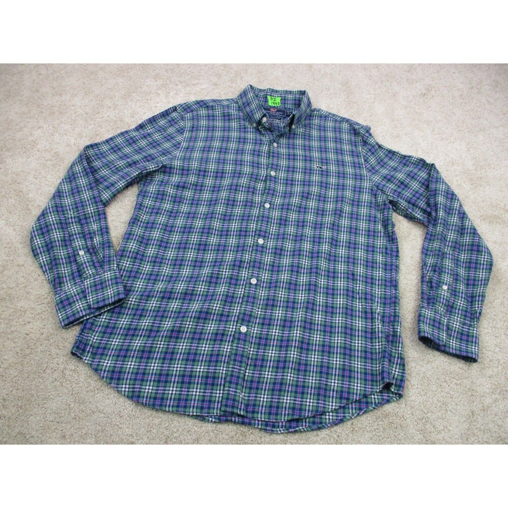 Vineyard Vines Shirt Men Large Slim Green Blue Whale Flannel Cotton Button Up - Picture 2 of 9